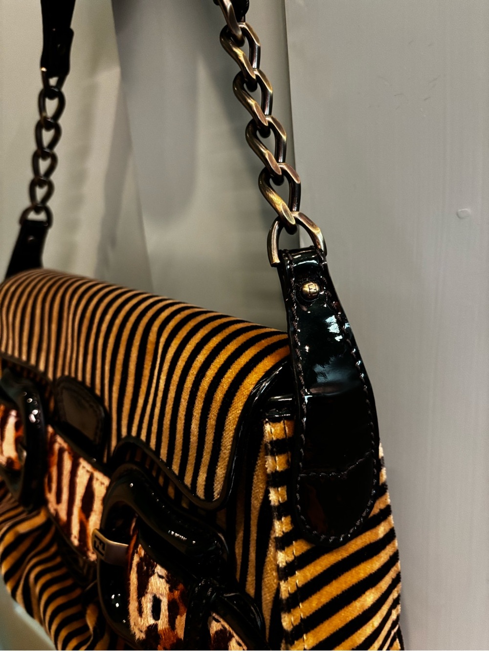 FENDI Pony Hair Stripe Leopard Baguette Shoulder Bag Patent Leather Rare - Picture 12 of 16